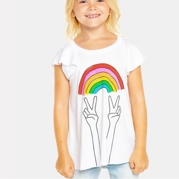 Chaser Kids Girls Rainbow Peace Sign Flutter Short Sleeve T Shirt White Size 10 - Picture 1 of 6